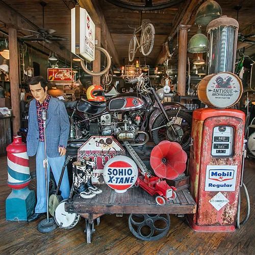 Interior of the Antique Archaeology shop in Nashville, motorcycle and vintage memorabilia on display