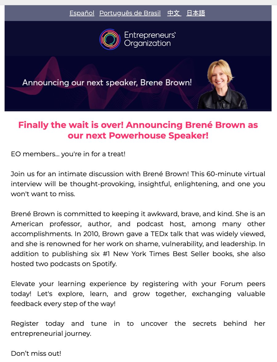 The Brené Brown announcement email, with language links for Spanish, Brazilian Portuguese, Chinese, and Japanese