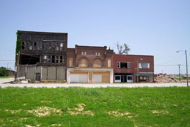 Boarded and partially demolished downtown storefronts in Cairo, Illinois