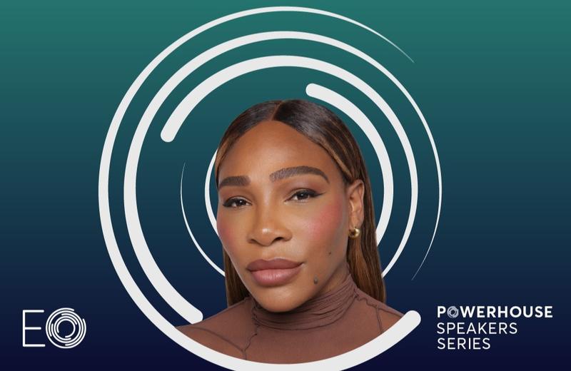 Serena Williams Powerhouse Speakers Series announcement graphic, EO logo and event branding