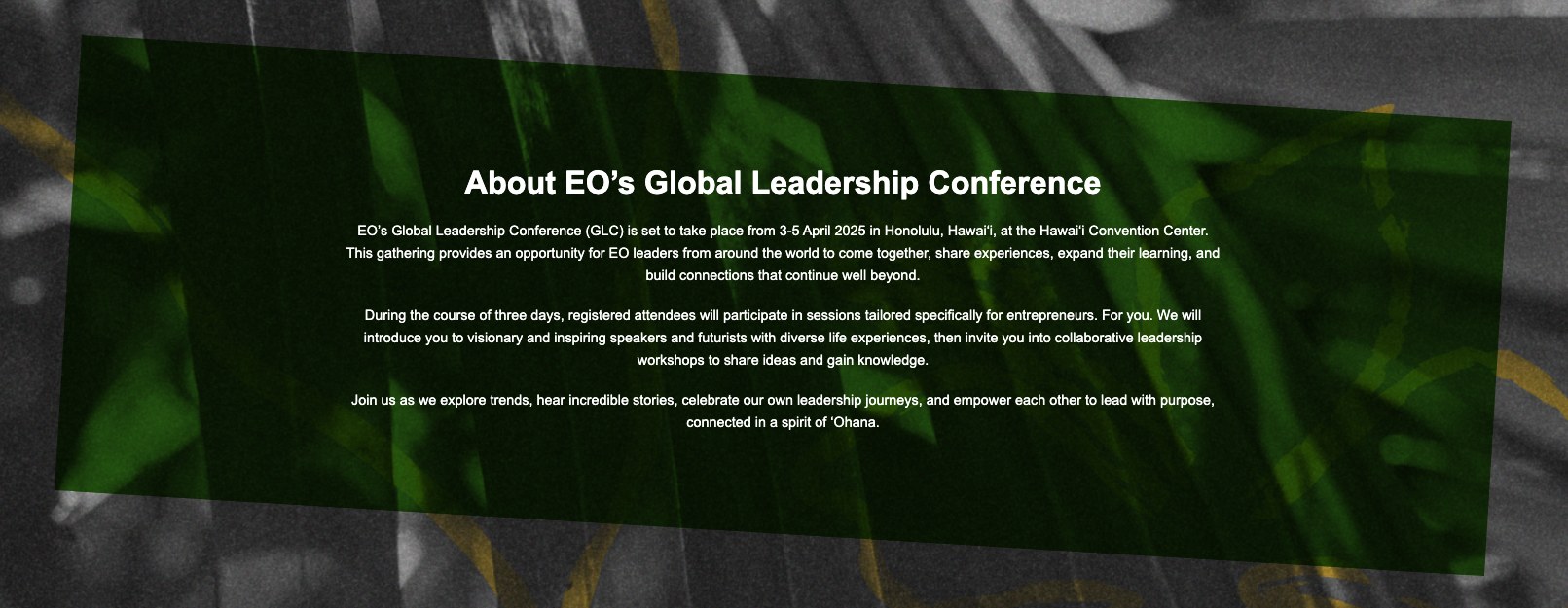 The live site's About EO's Global Leadership Conference section, as shipped