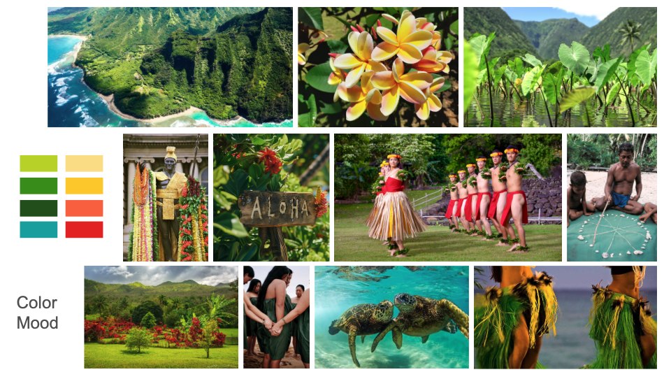 Color mood board: real Hawaiian landscape and cultural photography paired with the palette pulled from it