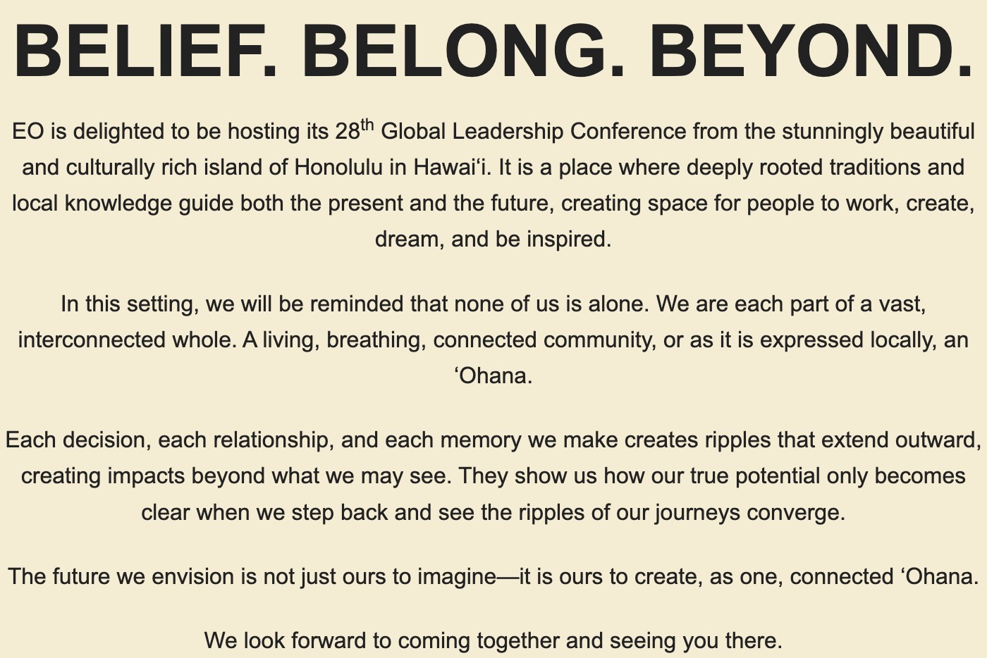 The live GLC 2025 homepage's Belief. Belong. Beyond. welcome copy