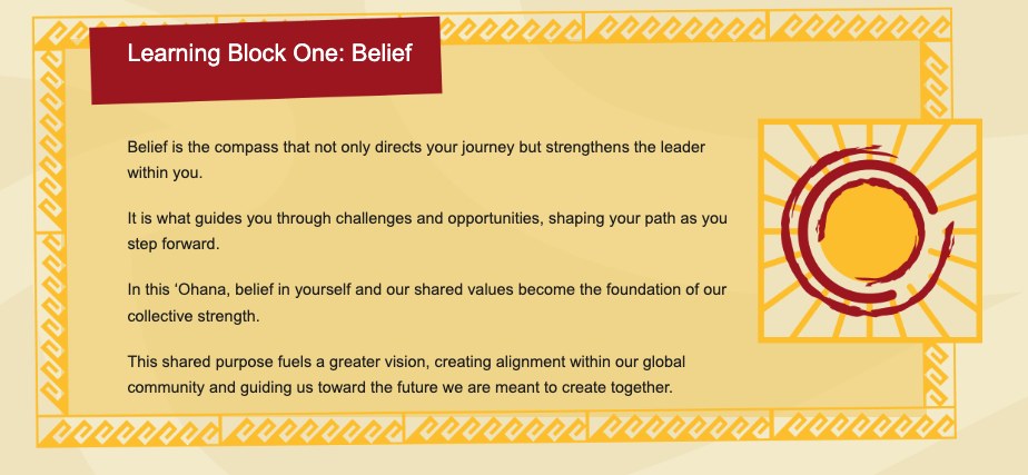 Live site, Learning Block One: Belief, final shipped copy, with kapa-pattern border framing