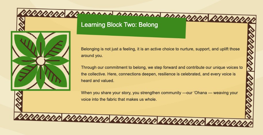 Live site, Learning Block Two: Belong, final shipped copy, with kapa-pattern border framing