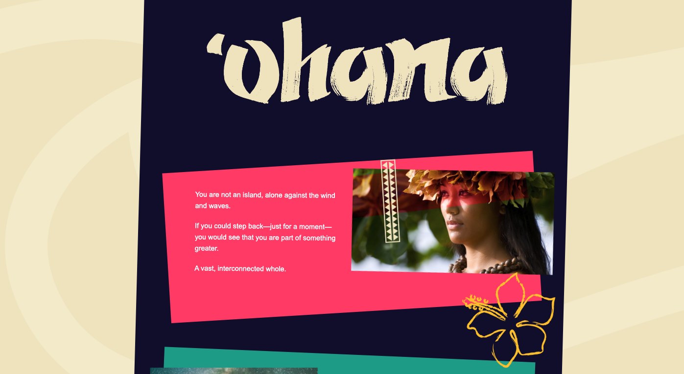 Concept deck page: 'You are not an island, alone against the wind and waves,' beside a photograph of a woman wearing a haku lei