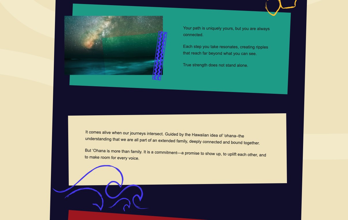 Concept deck page: 'Your path is uniquely yours, but you are always connected,' beside a night-sky photograph over water