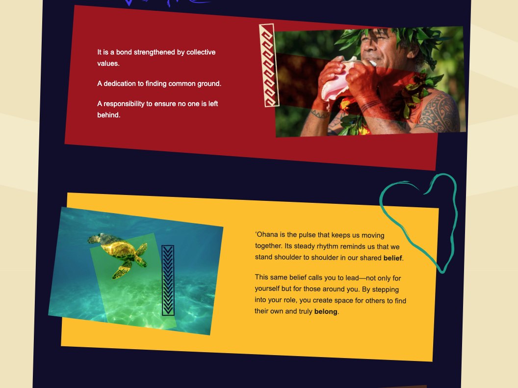Concept deck page: 'It is a bond strengthened by collective values,' beside a photograph of a man blowing a pū (conch shell), and 'Ohana is the pulse that keeps us moving together,' beside a photograph of a sea turtle