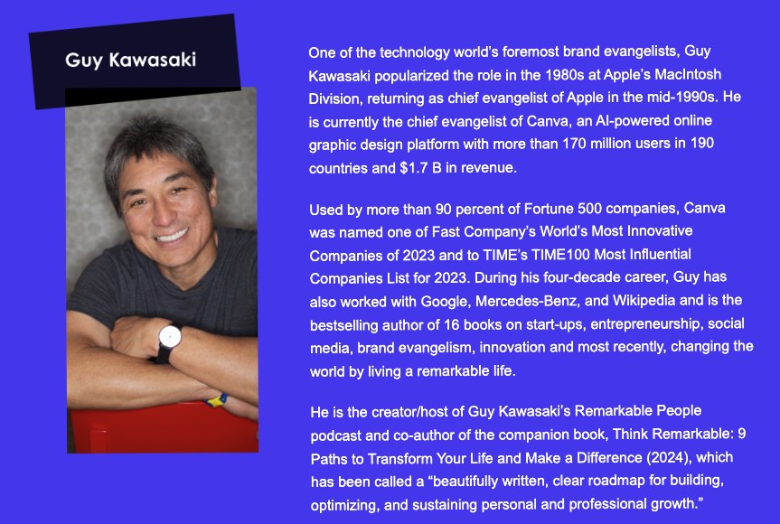 Guy Kawasaki's speaker bio, as it appears on the live GLC 2025 site