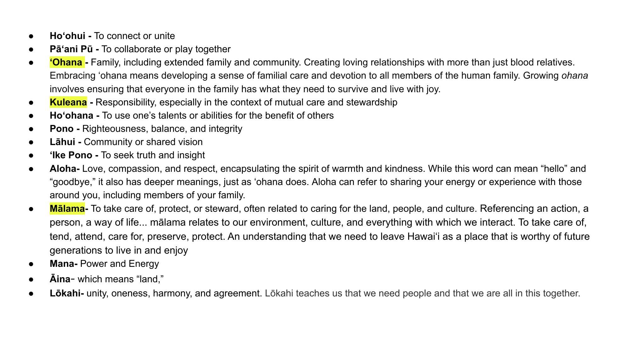 Research notes: a glossary of Hawaiian values words including Ohana, Kuleana, Malama, Pono, and Lokahi, with several highlighted